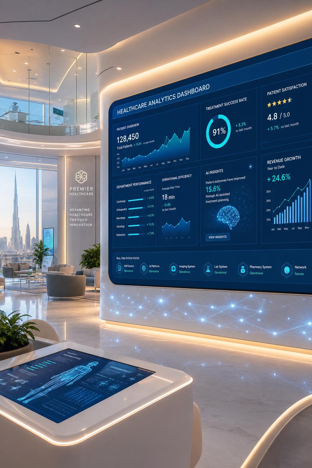 Healthcare digital transformation with AI-powered analytics dashboard in a modern medical facility